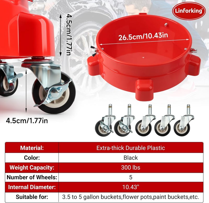 Linforking Bucket Dolly 5 Gallon with Wheels,360°Rolling Car Wash Buckets Dolly for 2.5 to 5 Gallon Buckets with Bucket Insert,Cleaning Brush,Supports Up to 300 lbs - Image 2
